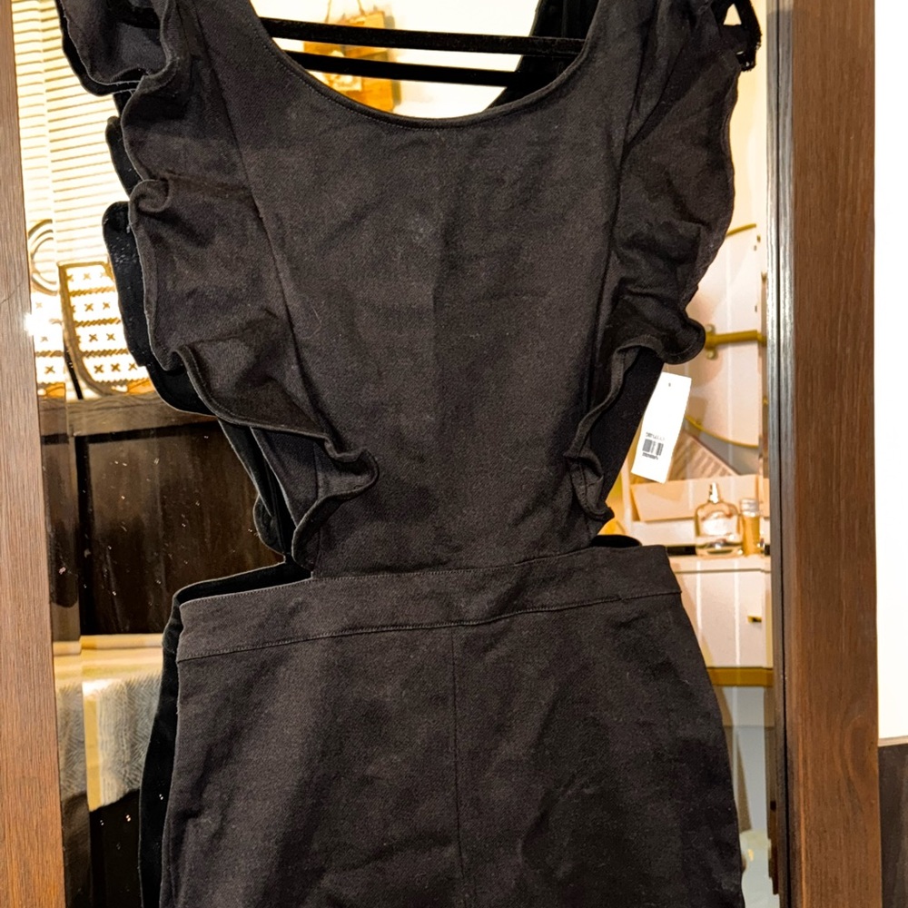 Black Ruffle Jean Romper / bell bottom